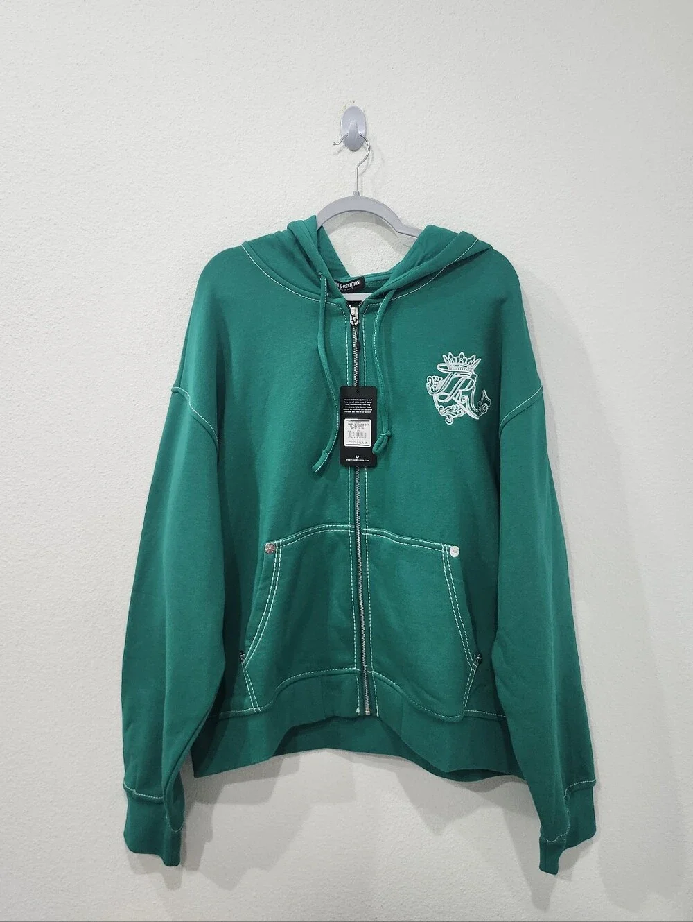 True Religion Logo Crest Big TR Boxy Zip-Up Hoodie Green Adult Size XL NWT